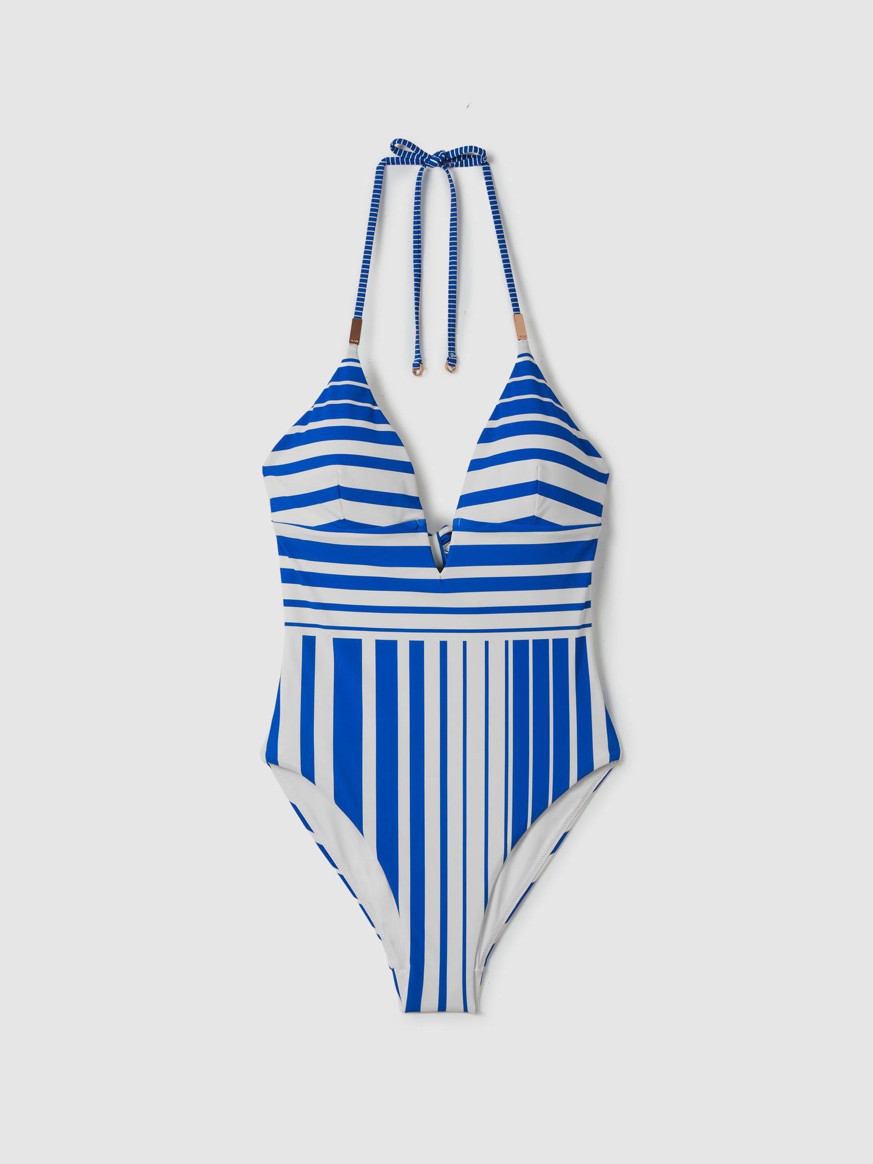 Striped Plunge Neck Swimsuit in Blue Stripe Product Image