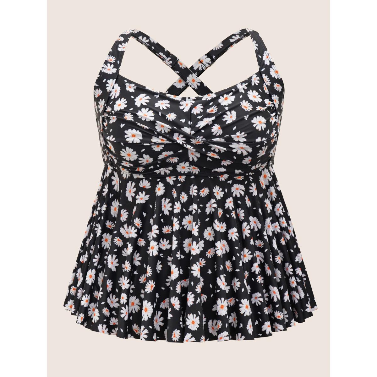 Plus Size Ditsy Floral Crossover Heart Neckline Swim Top Women's Swimwear Black Beach Twist High stretch Bodycon Heart neckline Curve Swim Tops BloomChic 14-16/1X Product Image