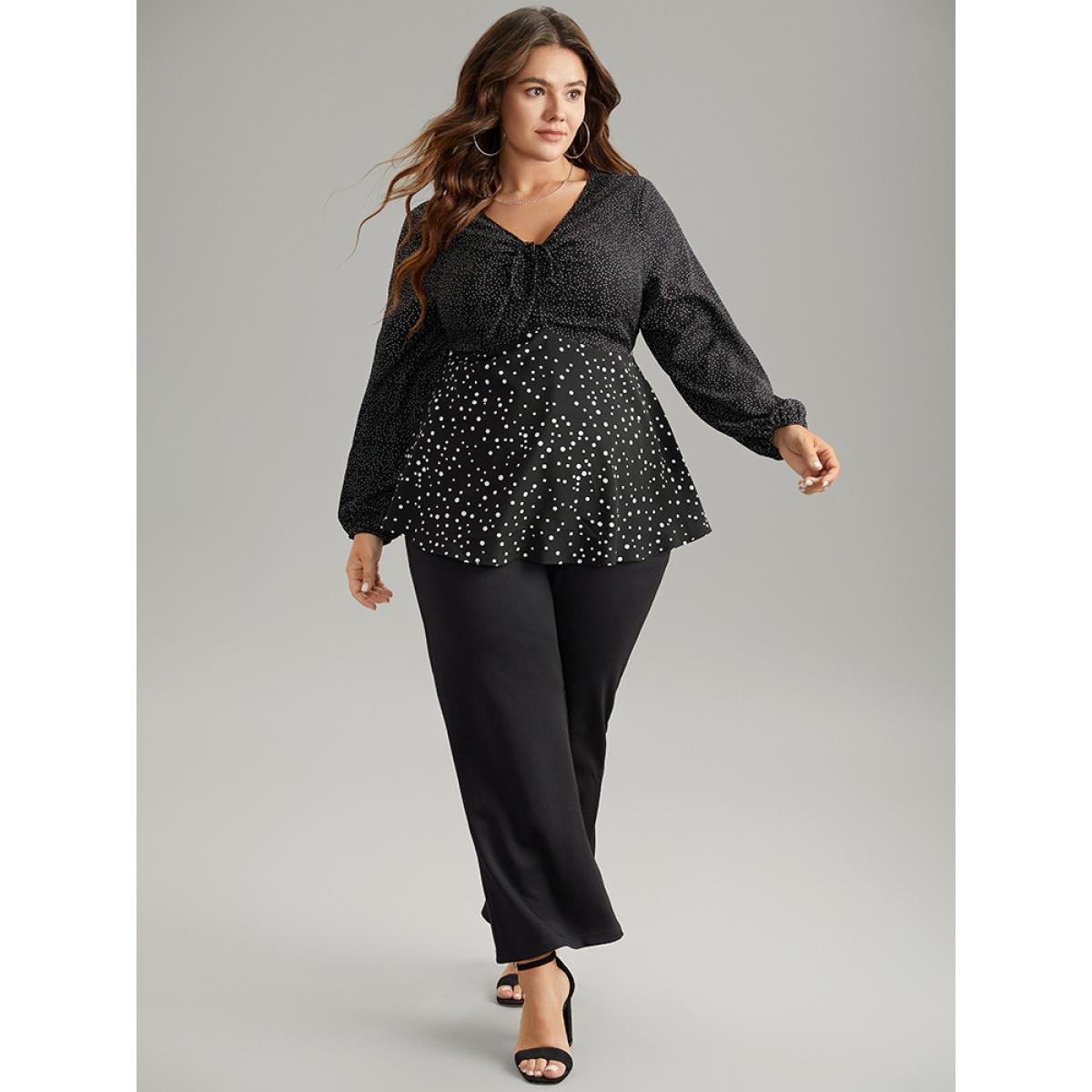 Plus Size Black Polka Dot Ruched Ties Lantern Sleeve Blouse Women Elegant Long Sleeve V-neck Dailywear Blouses BloomChic 10/M Product Image