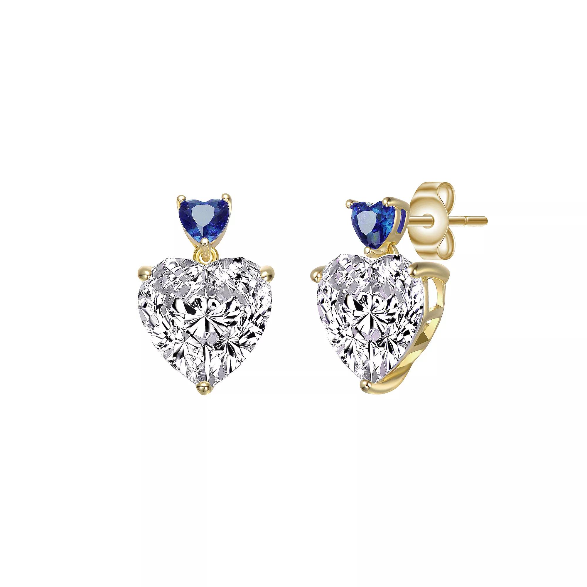 Gold Tone Cubic Zirconia Heart Two-Stone Stud Earrings, Womens, Blue Product Image