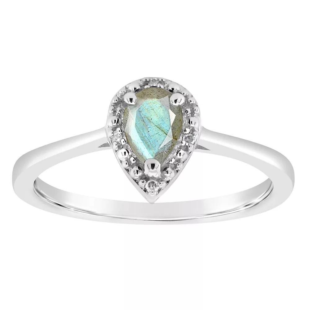 Celebration Gems Sterling Silver 6 mm x 4 mm Pear Shaped Labradorite & Diamond Accent Halo Ring, Women's,  Product Image