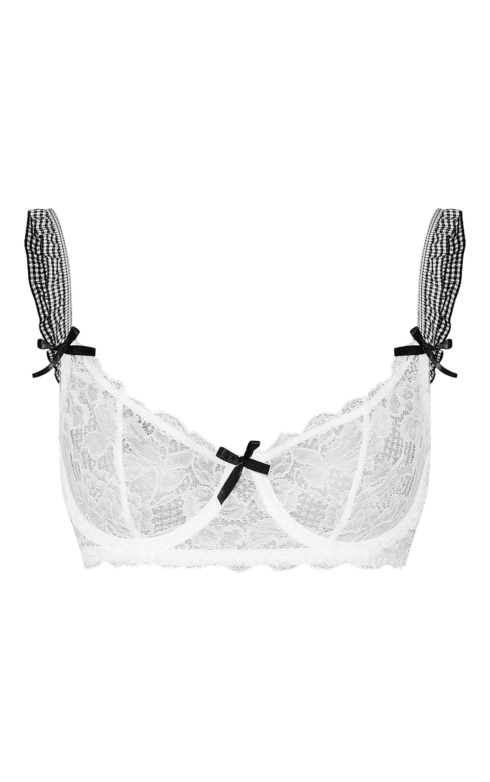 White Lace Gingham Trim Underwired Lingerie Set Product Image
