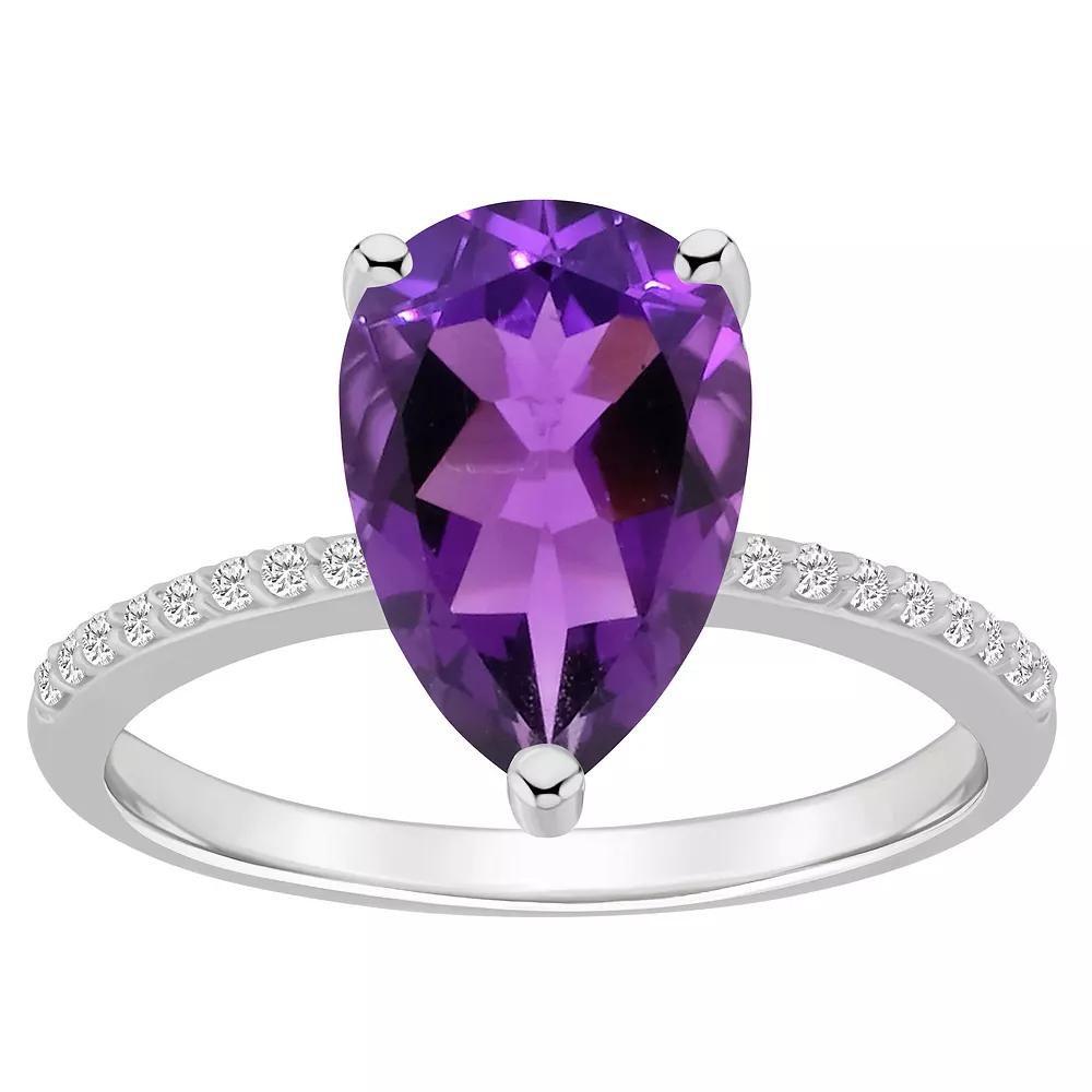 Alyson Layne 14k White Gold Pear Shape Amethyst & 1/10 Carat T.W. Diamond Ring, Women's, Size: 9 Product Image