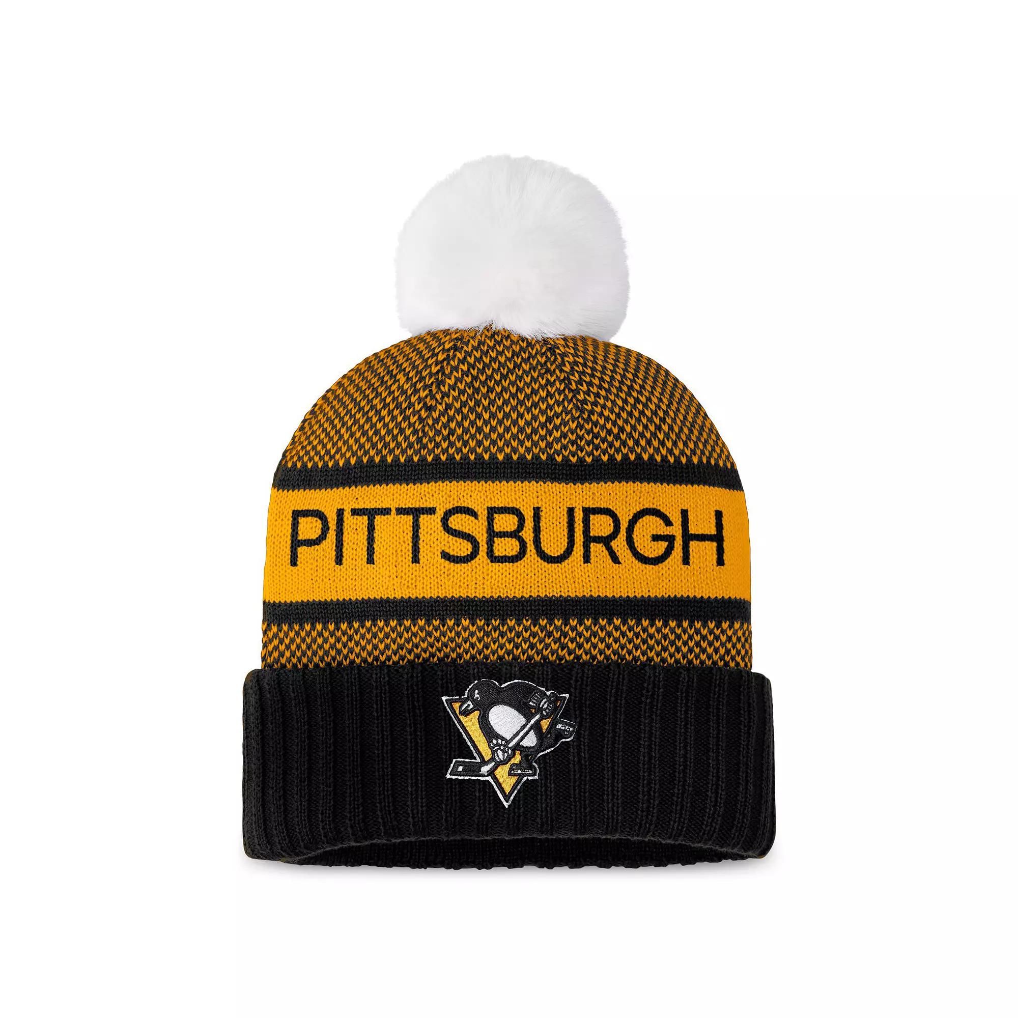 Women's Fanatics Branded Black/Gold Pittsburgh Penguins Authentic Pro Rink Cuffed Knit Hat with Pom Product Image