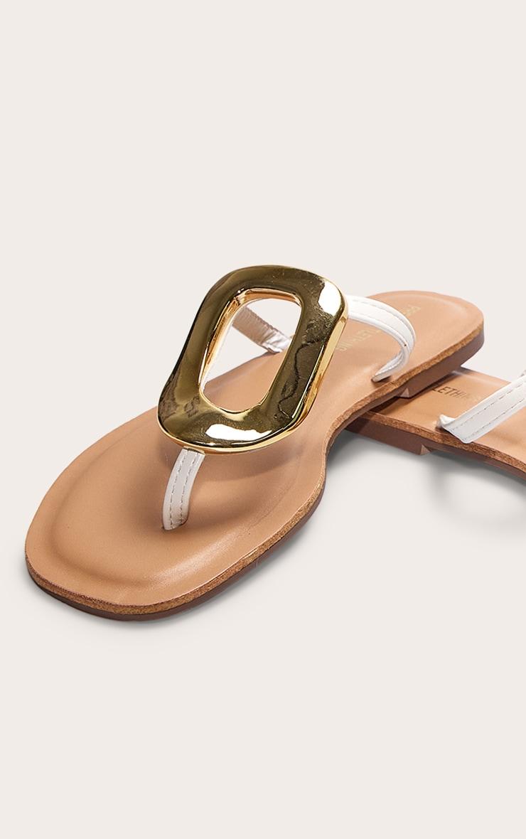 White Pu Square Toe Thong Trim Detail Resin Sole Flat Sandals Product Image