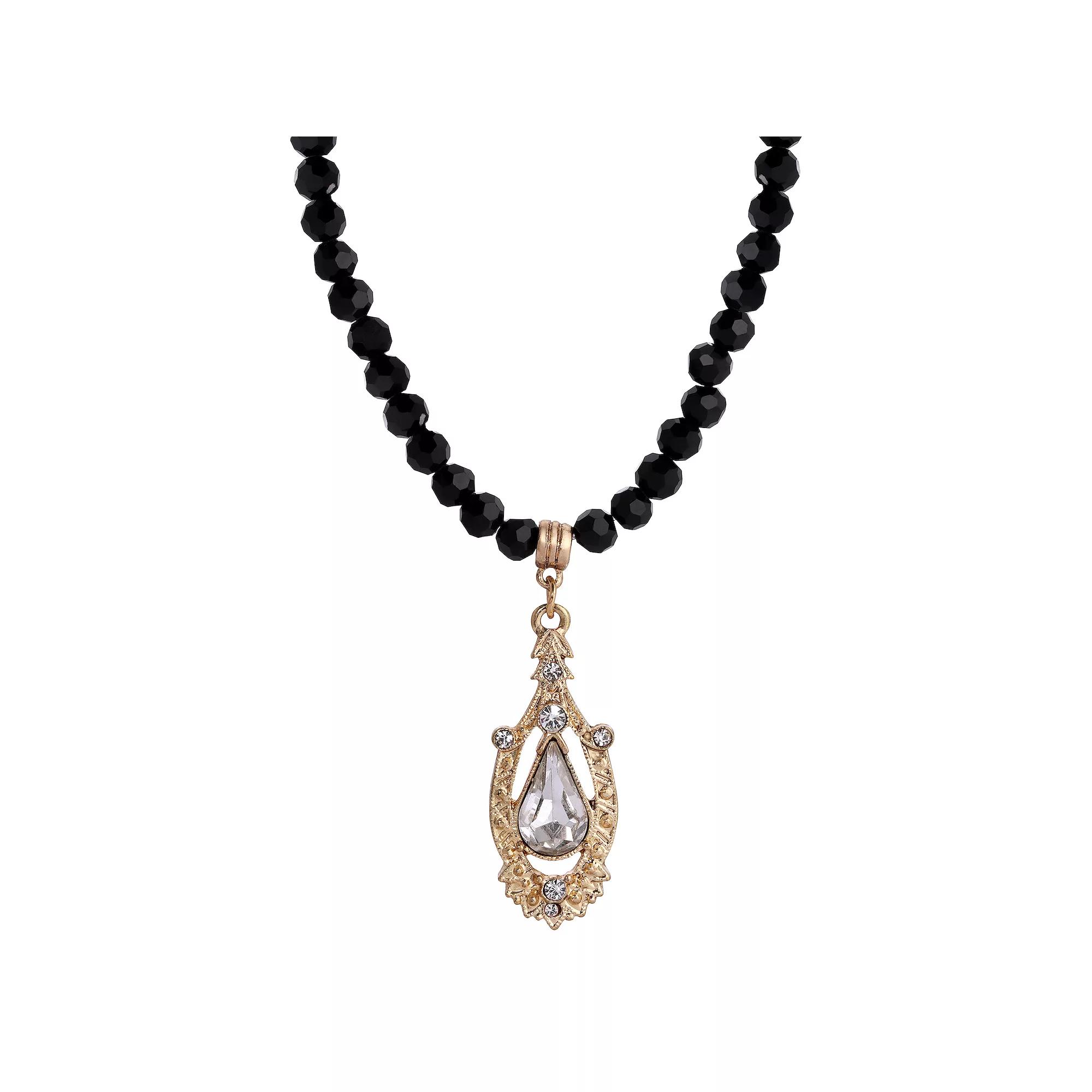 1928 Black Bead Crystal Pear-Shaped Center Drop Necklace, Women's Product Image