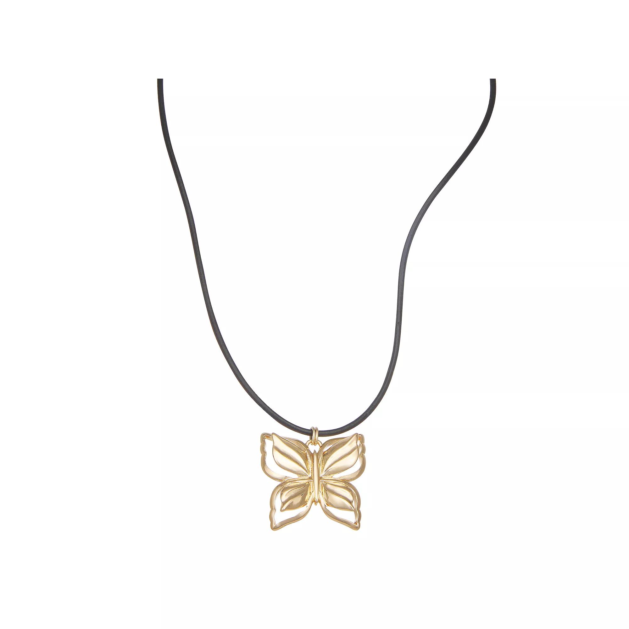 Napier Gold Tone Butterfly Pendant & Leather Necklace, Women's Product Image