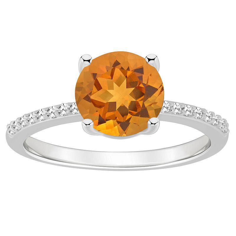 Alyson Layne Sterling Silver 8 mm Round Gemstone & 1/10 Carat T.W. Diamond Ring, Women's, Size: 5, Citrine Product Image
