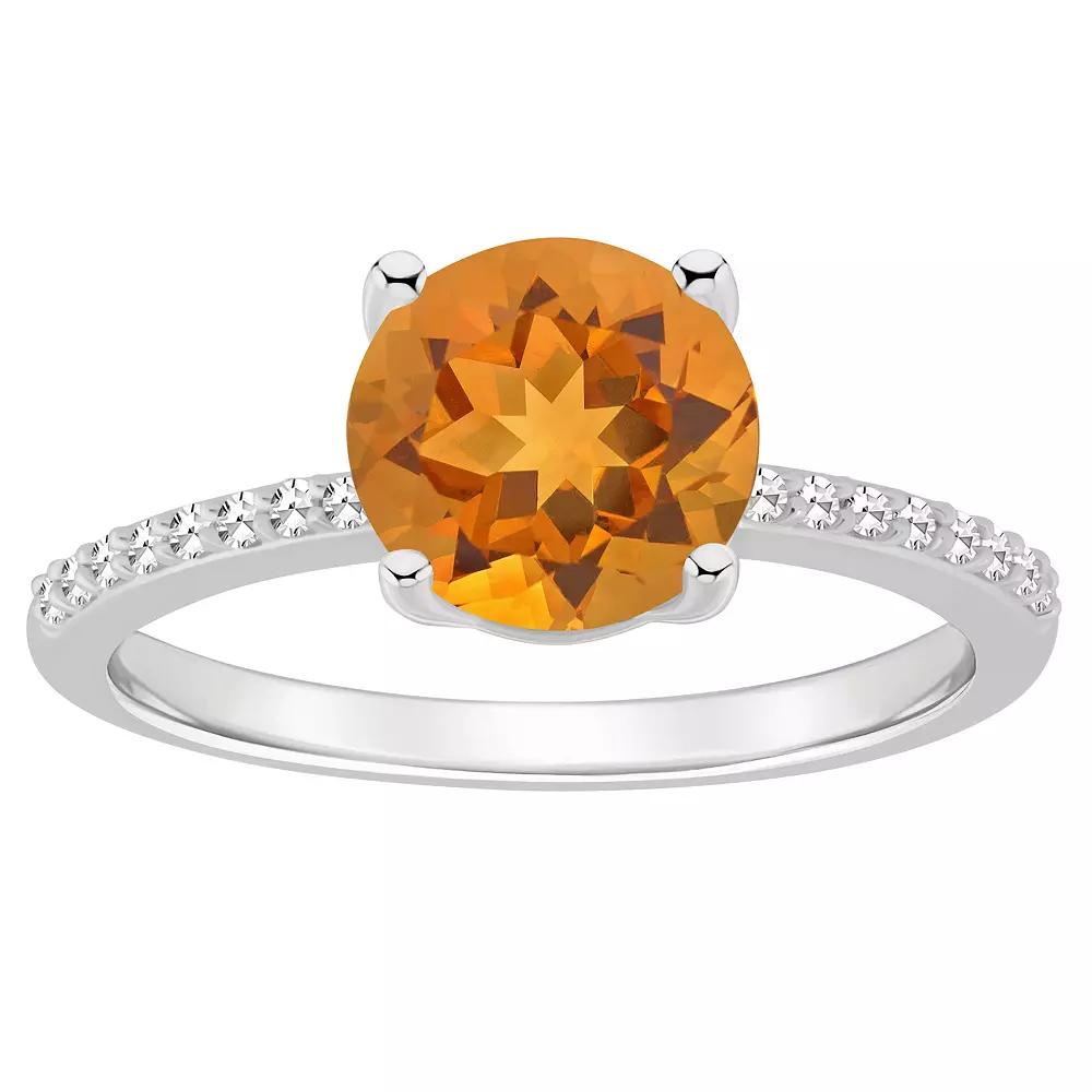 Alyson Layne Sterling Silver 8 mm Round Gemstone & 1/10 Carat T.W. Diamond Ring, Women's, Size: 5, Citrine Product Image