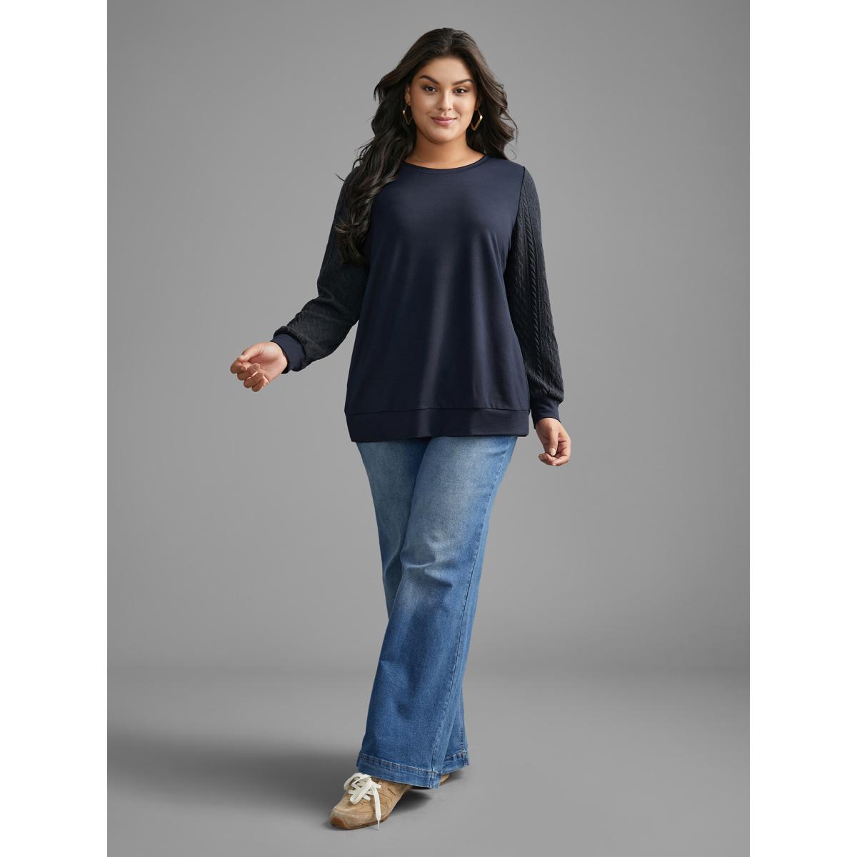 Plus Size Crew Neck Plain Textured Patchwork Sweatshirt Women Midnight Casual Texture Round Neck Everyday Sweatshirts BloomChic 10/M Product Image