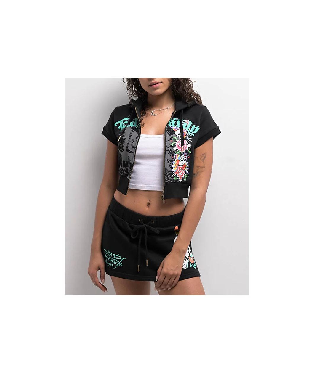 Ed Hardy Skull Black Short Sleeve Crop Zip Hoodie Product Image