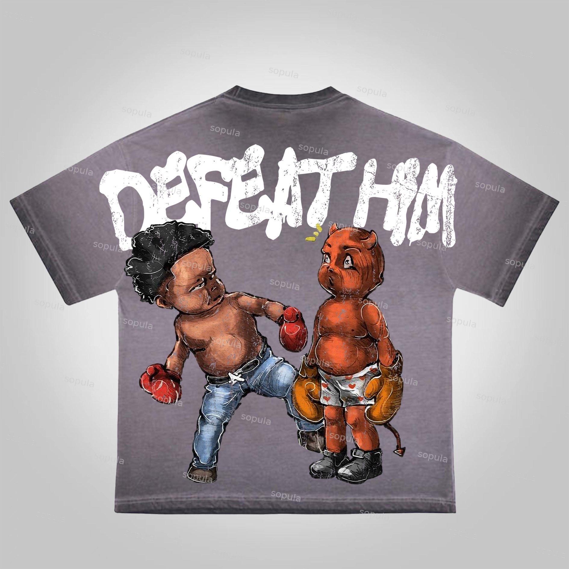Sopula Vintage Boxer Defeat Him Graphic Print Washed Cotton T-Shirt Product Image