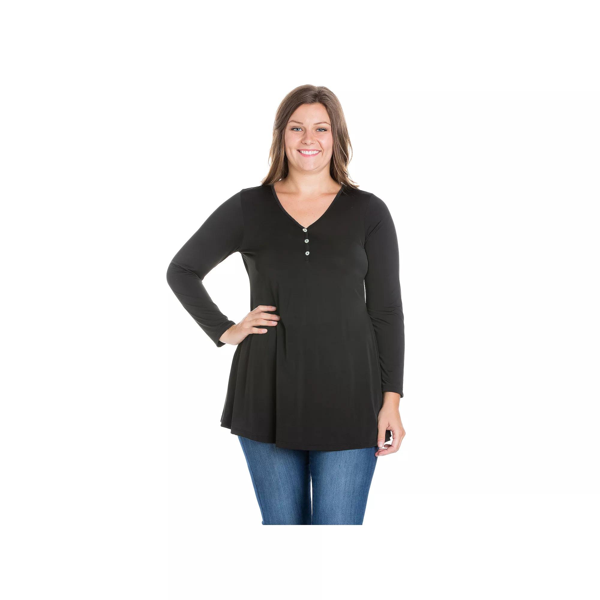 Plus Size 24Seven Comfort Long Sleeve V-Neck Henley Tunic Top, Womens Product Image