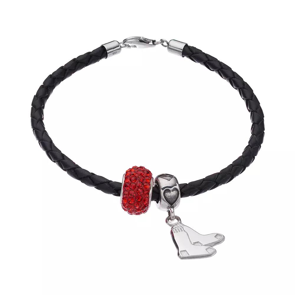 LogoArt Boston Red Sox Crystal Sterling Silver & Leather Charm Bracelet, Women's, Size: 7.5", Black Product Image