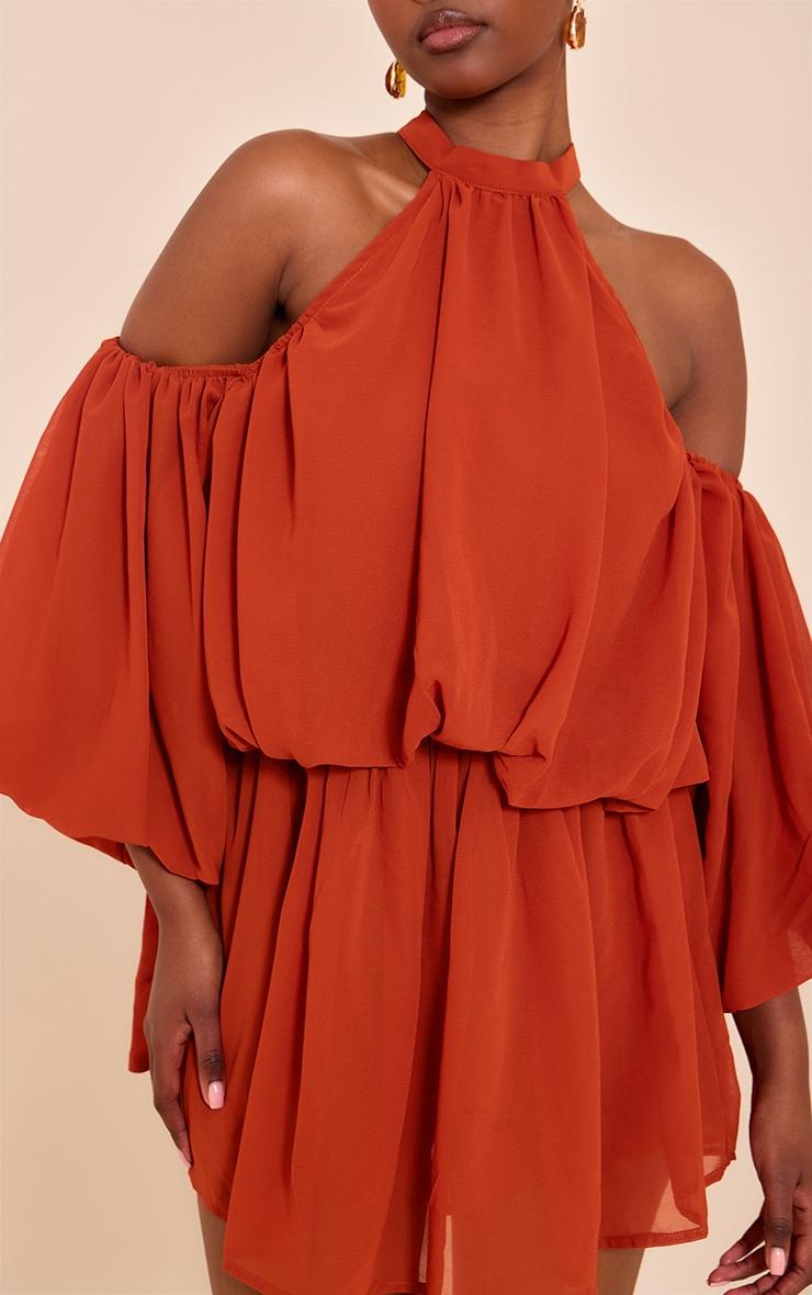 Rust Chiffon Ruffle Off Shoulder Romper Product Image