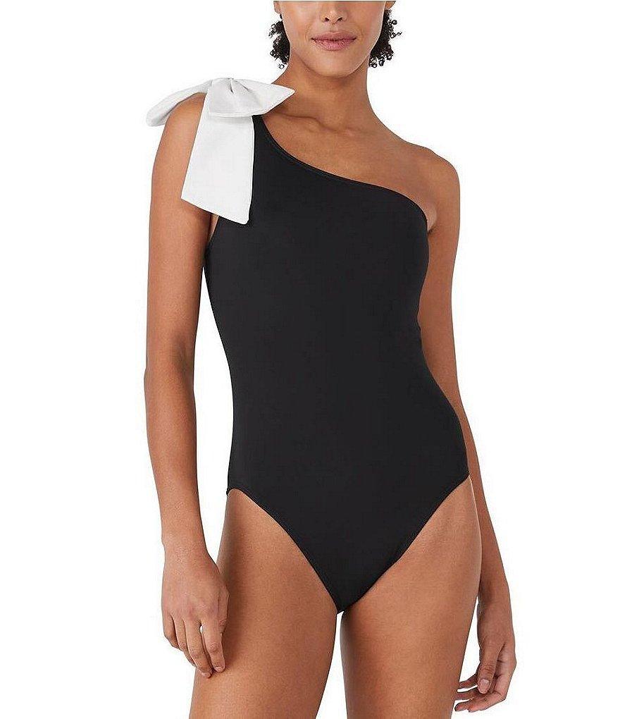 kate spade new york Solid Contrast Color One Shoulder Bow Tie One Piece Swimsuit Product Image