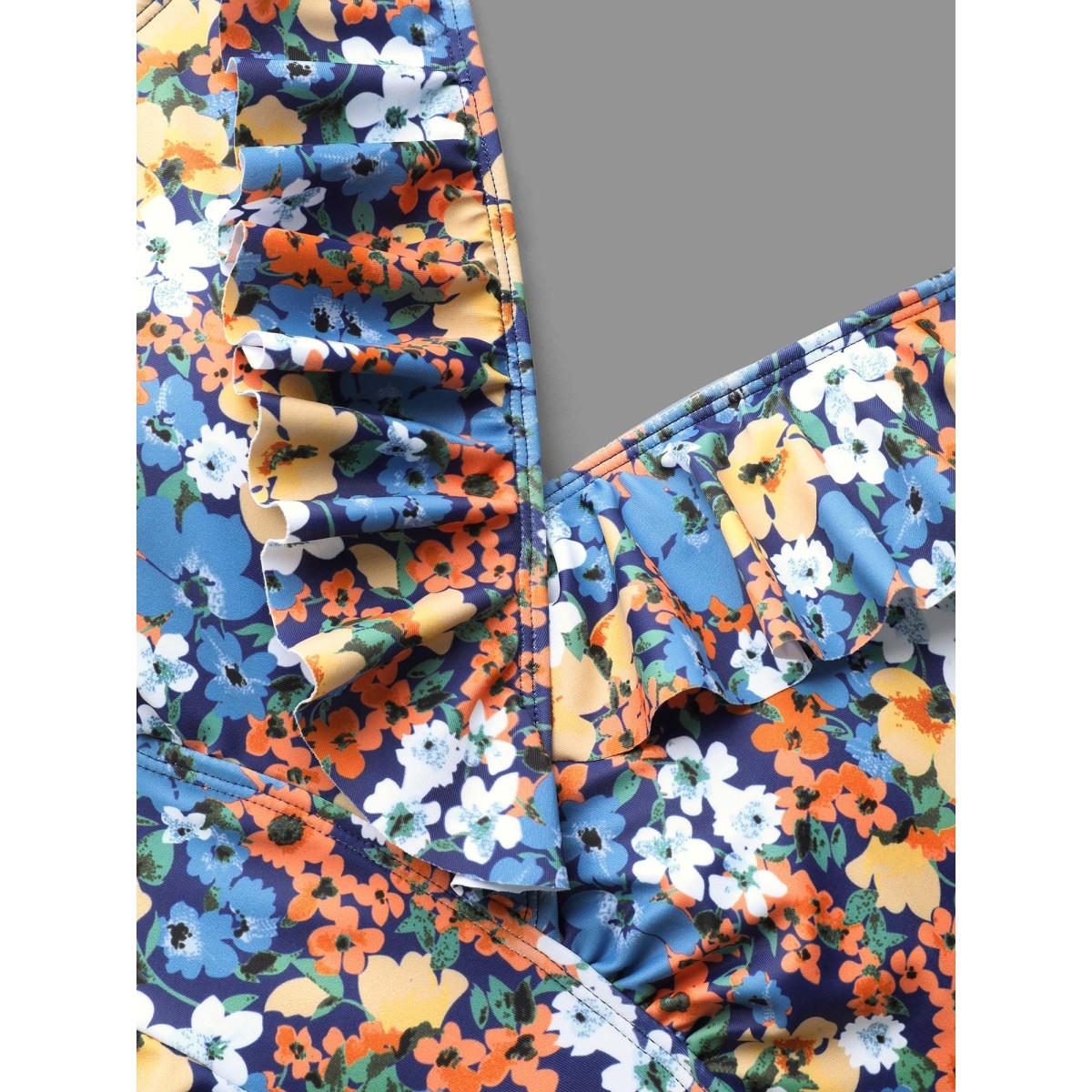 Plus Size Floral Ruffled Flared Swim Dress Women's Swimwear Multicolor Beach Bodycon Overlap Collar High stretch Curve Swim Dresses BloomChic 30/6X Product Image