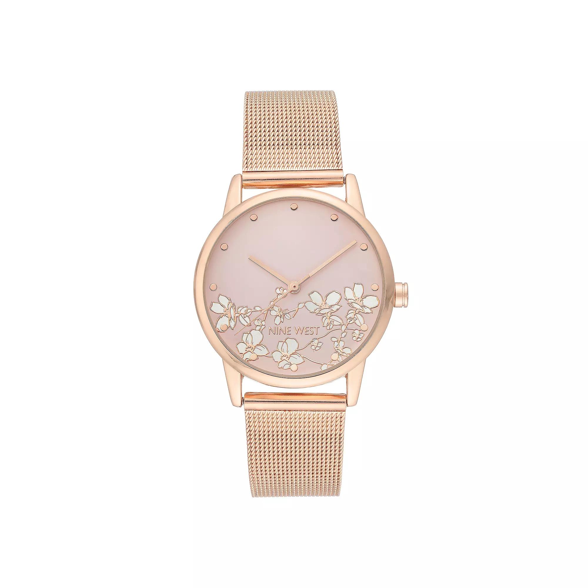 Nine West Women's Stainless Steel Mesh Bracelet Watch with Flower Dial,  Product Image