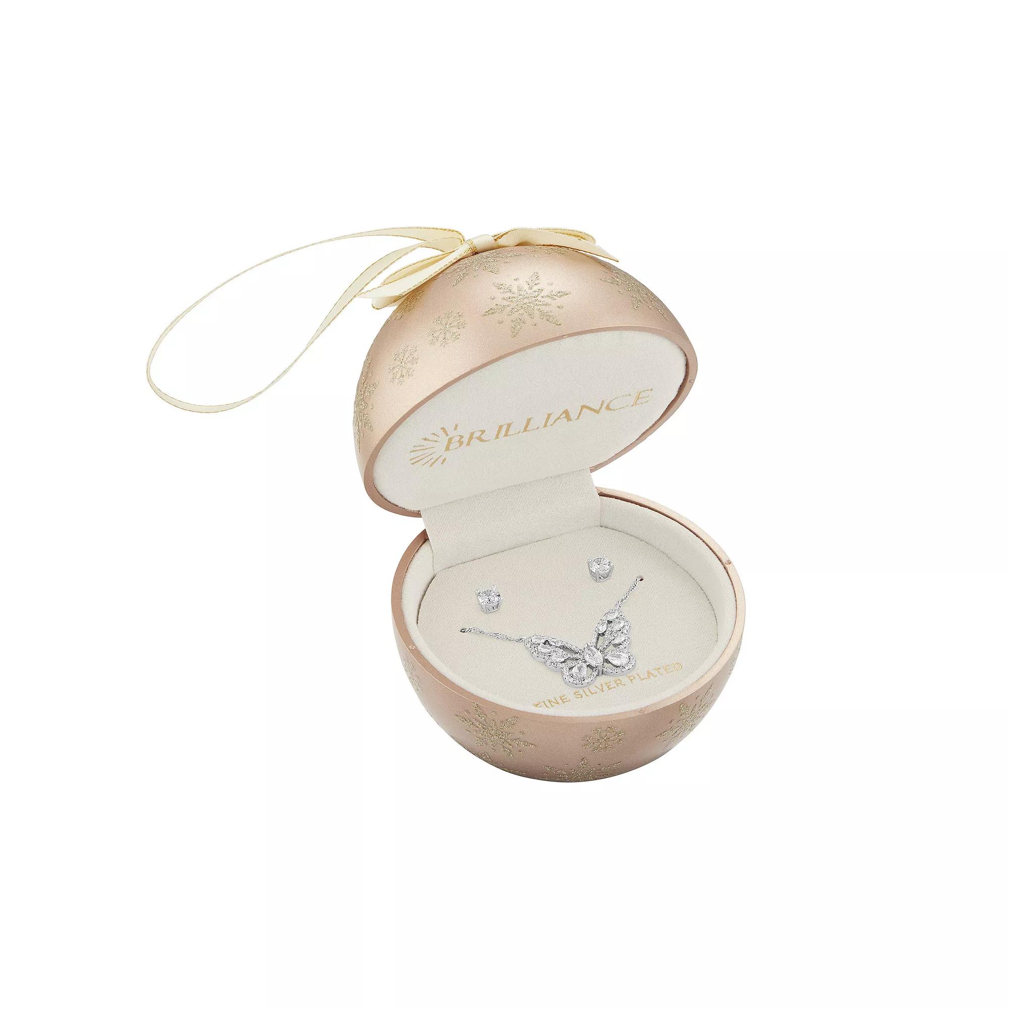 Brilliance Silver Tone Cubic Zirconia Stud Earrings & Butterfly Necklace Set, Women's, Size: 18", Silver Tone White Product Image