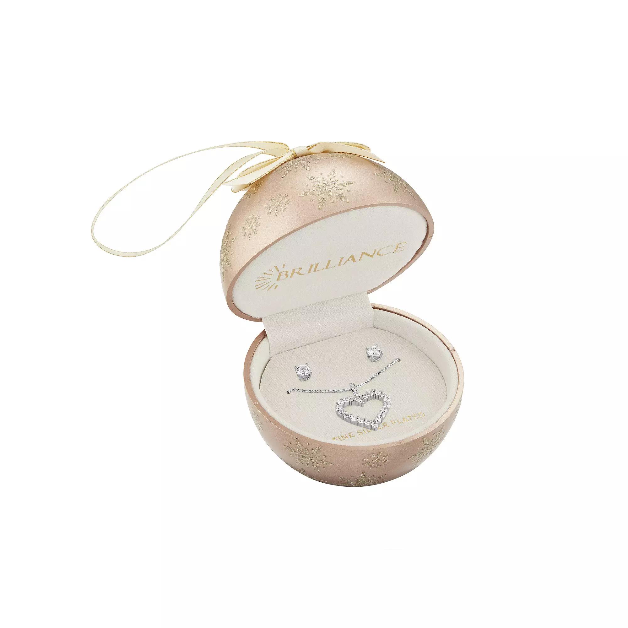 Brilliance Silver Tone Cubic Zirconia Stud Earrings & Open Heart Pendant Necklace Set, Women's, Size: 18", Silver Tone White Product Image