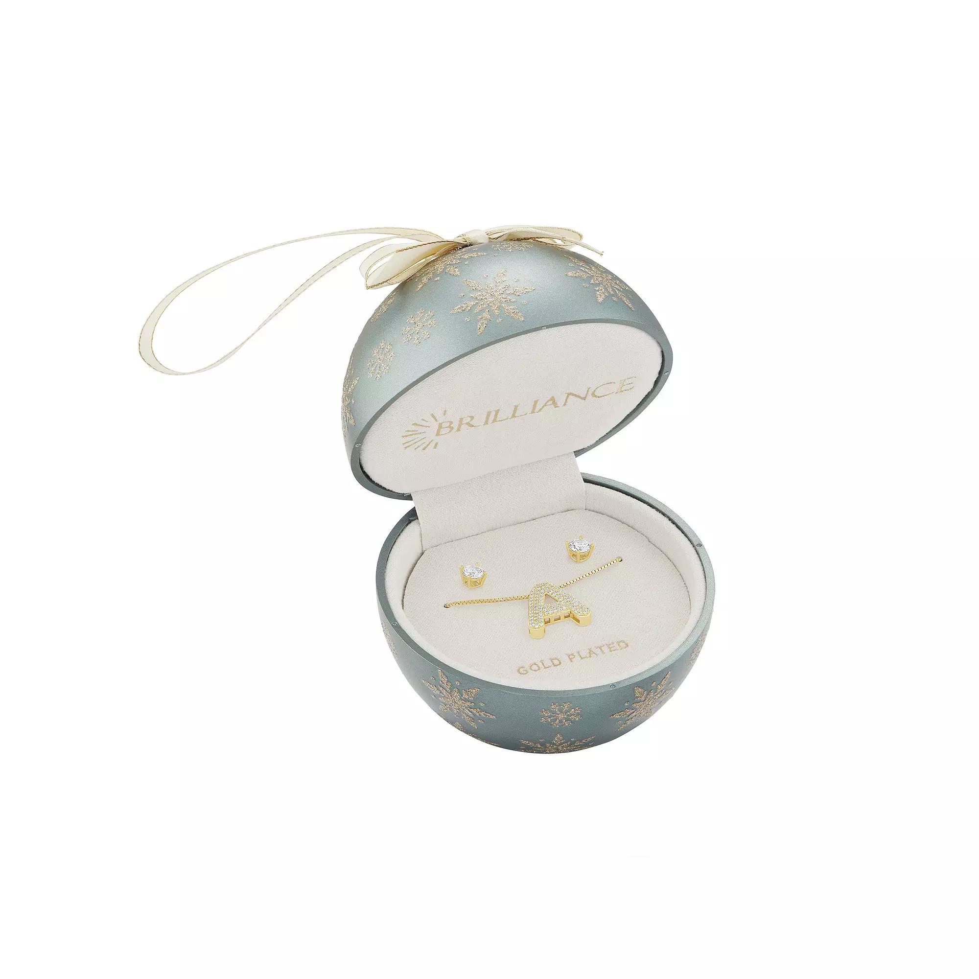 Brilliance Cubic Zirconia Stud Earrings & Bubble Initial Pendant Necklace Set, Womens Silver Tone X Product Image