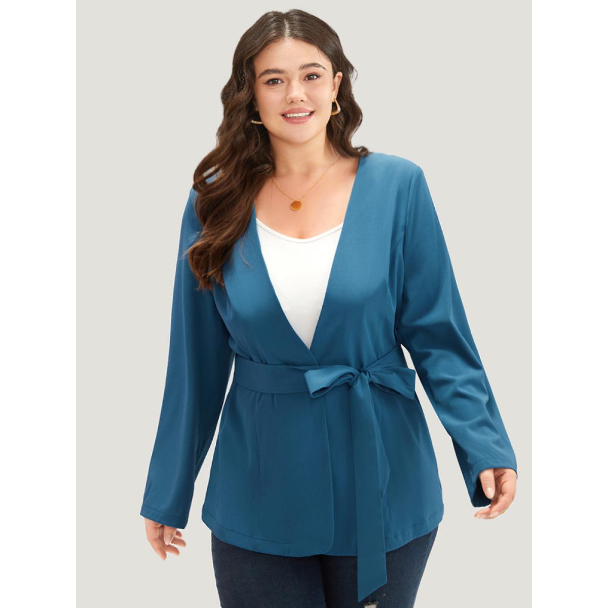 Plus Size Solid Belted Knot Blazer Cerulean Women Dailywear Plain Plain Sleeve Long Sleeve Open Front 22-24/3X Belt Casual Blazers BloomChic Product Image