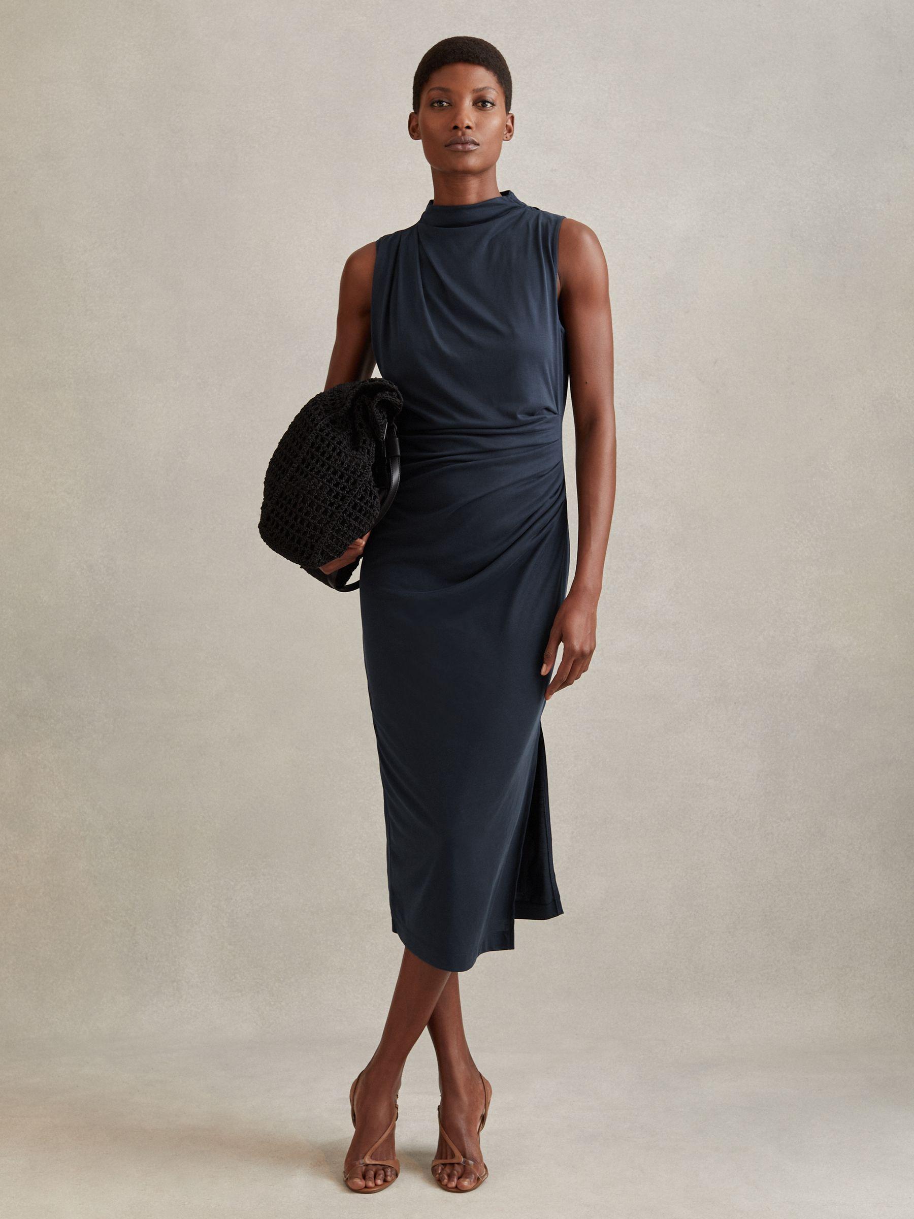Modal Blend Ruched Midi Dress in Navy Product Image