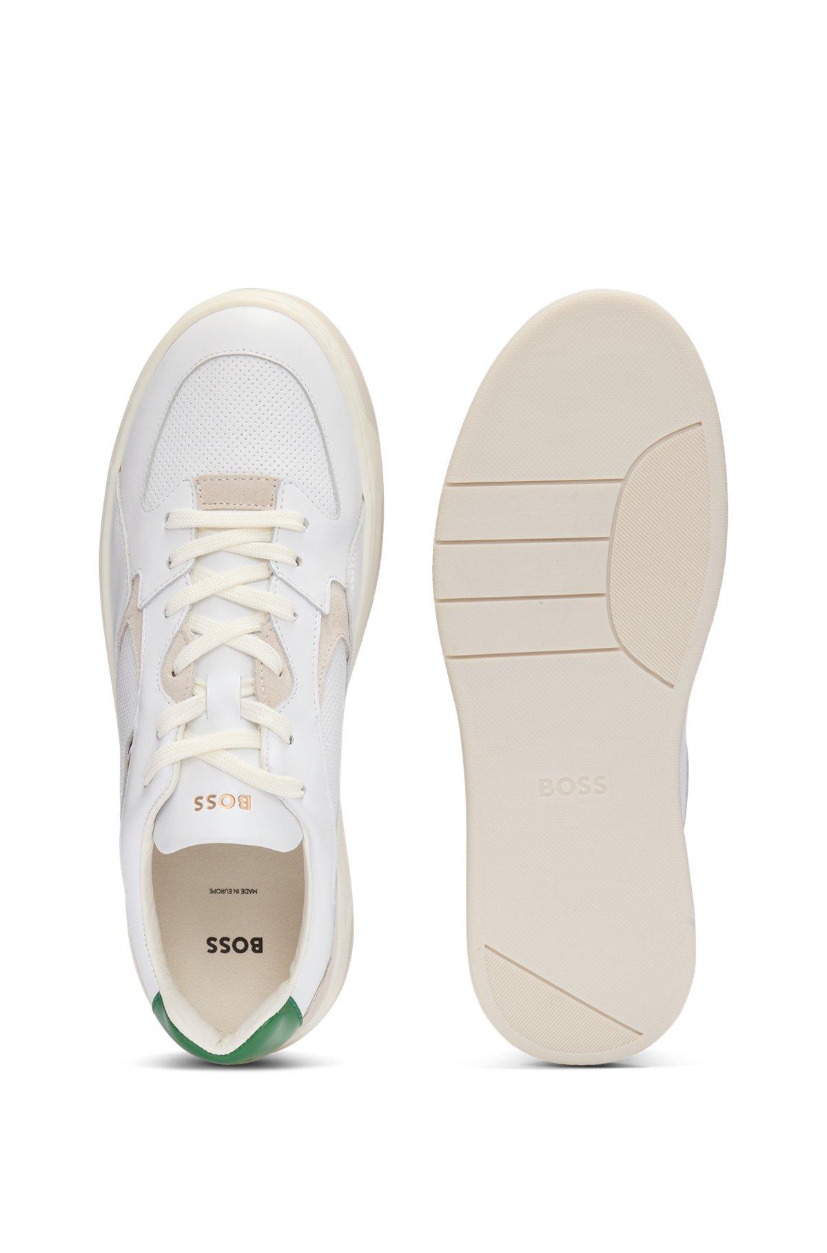 BOSS - Mixed-leather trainers with layered upper - White Product Image