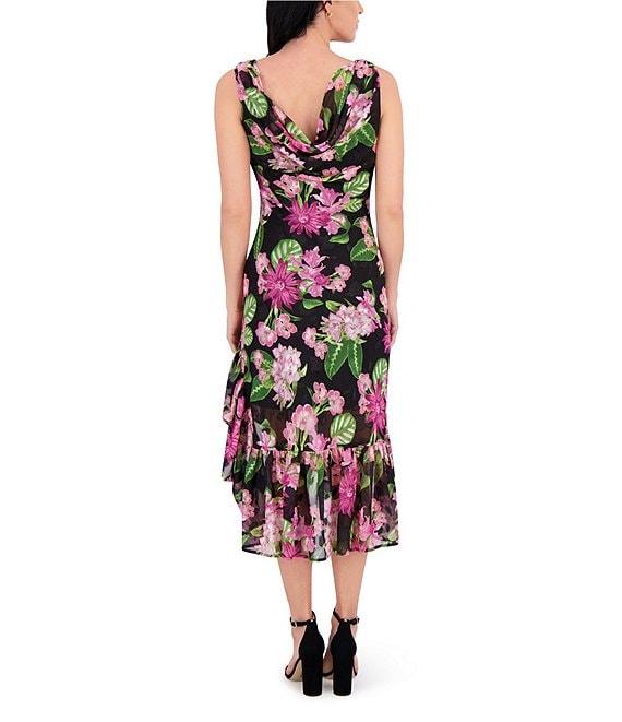 Kensie Drape Neck Sleeveless Floral Printed Burnout Chiffon Ruffle Hem Sheath Midi Dress Product Image