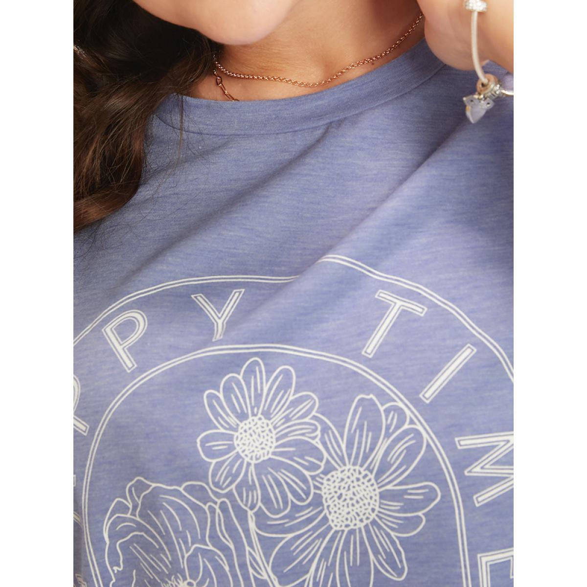 Plus Size Floral & Letter Print Contrast Round Neck Sleep Top Women LightBlue Casual Floral Contrast Round Neck Loungewear BloomChic 28/5X Product Image