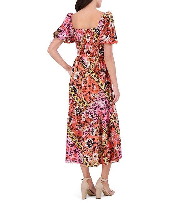 Vince Camuto Woven Square Neck Short Puff Sleeve Midi Dress Product Image