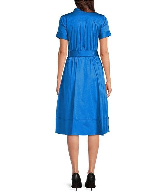 KARL LAGERFELD PARIS Cotton Sateen Point Collar Short Sleeve Pocketed Belted Midi Dress Product Image