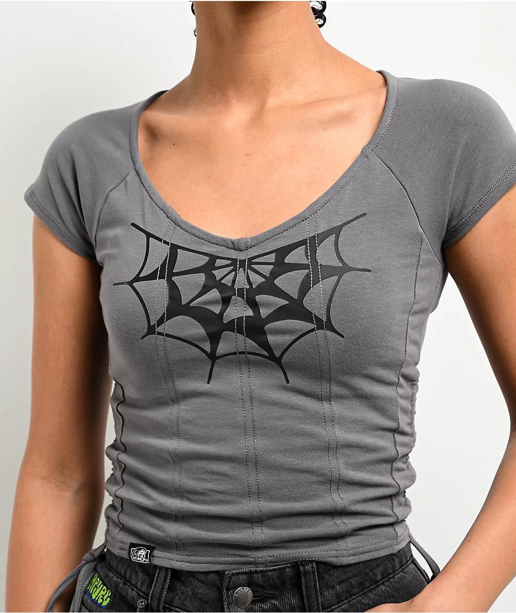 Lurking Class By Sketchy Tank Spider Webs Grey Cinch Crop Top Product Image
