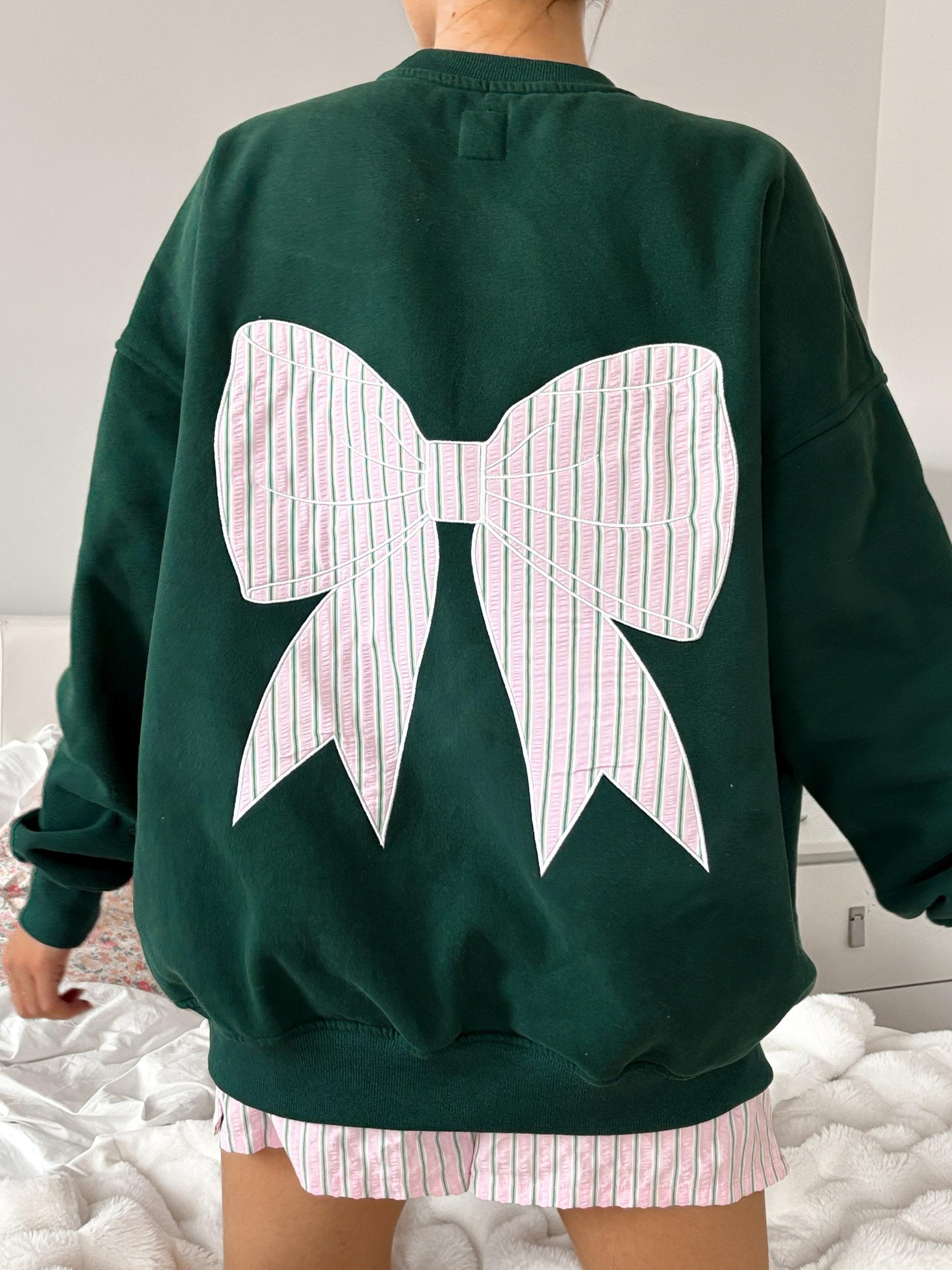 Winter Green Striped Bow Embroider Sweatshirt Product Image