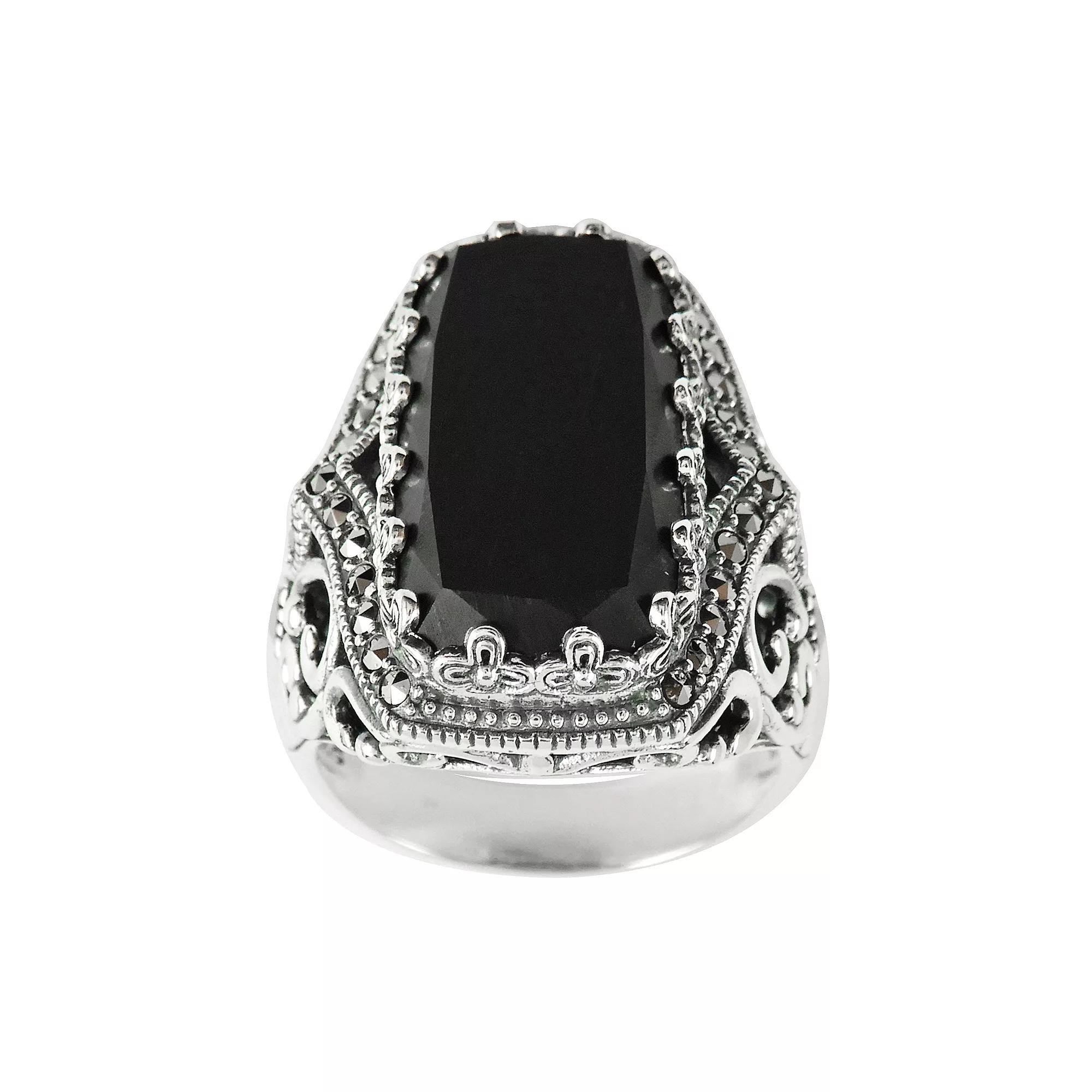 Lavish by TJM Sterling Silver Onyx & Marcasite Ornate Rectangular Ring, Women's, Size: 8 Product Image