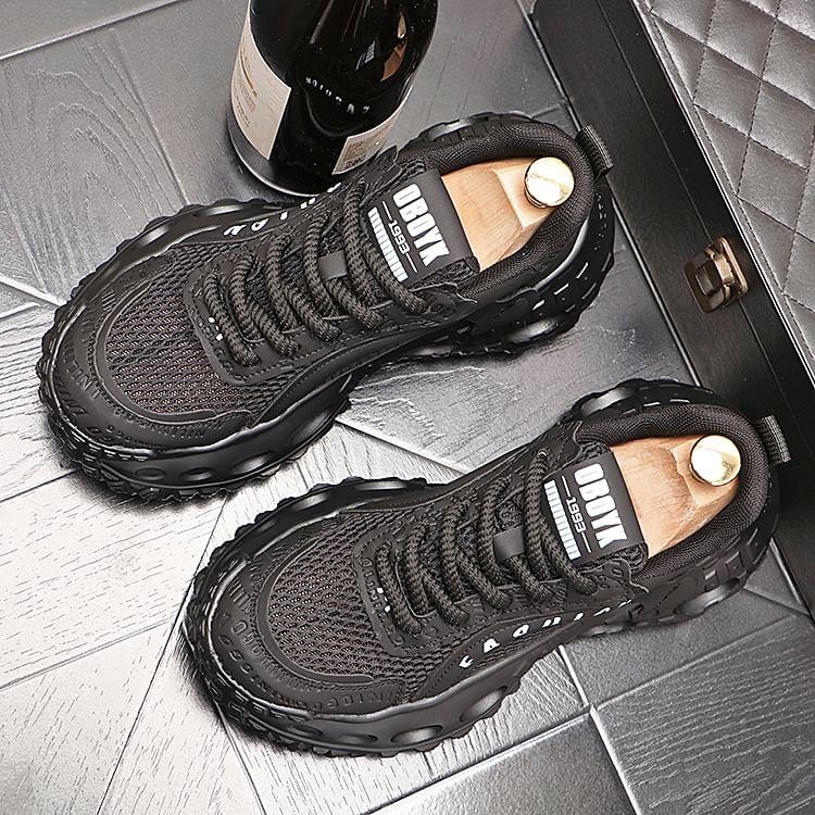 Platform Lettering Debossed Mesh Panel Lace-Up Sneakers Product Image