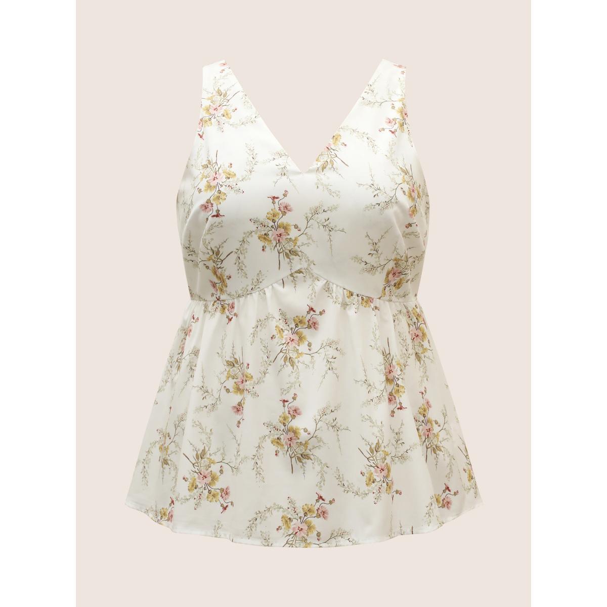 Plus Size V Neck Floral Print Adjustable Straps Cami Top Women Originalwhite Elegant Contrast V-neck Everyday Tank Tops Camis BloomChic 30/6X Product Image