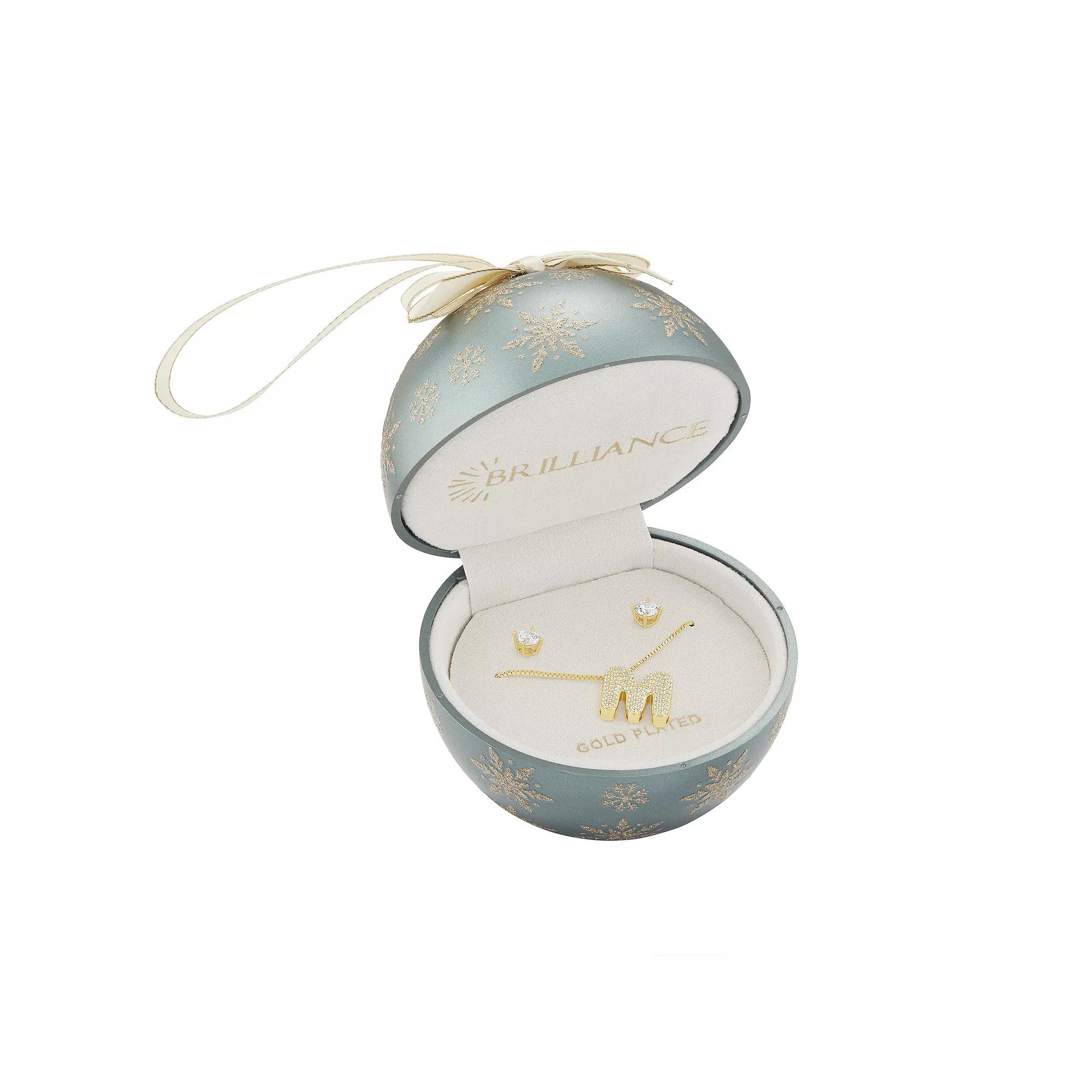 Brilliance Cubic Zirconia Stud Earrings & Bubble Initial Pendant Necklace Set, Womens Silver Tone X Product Image