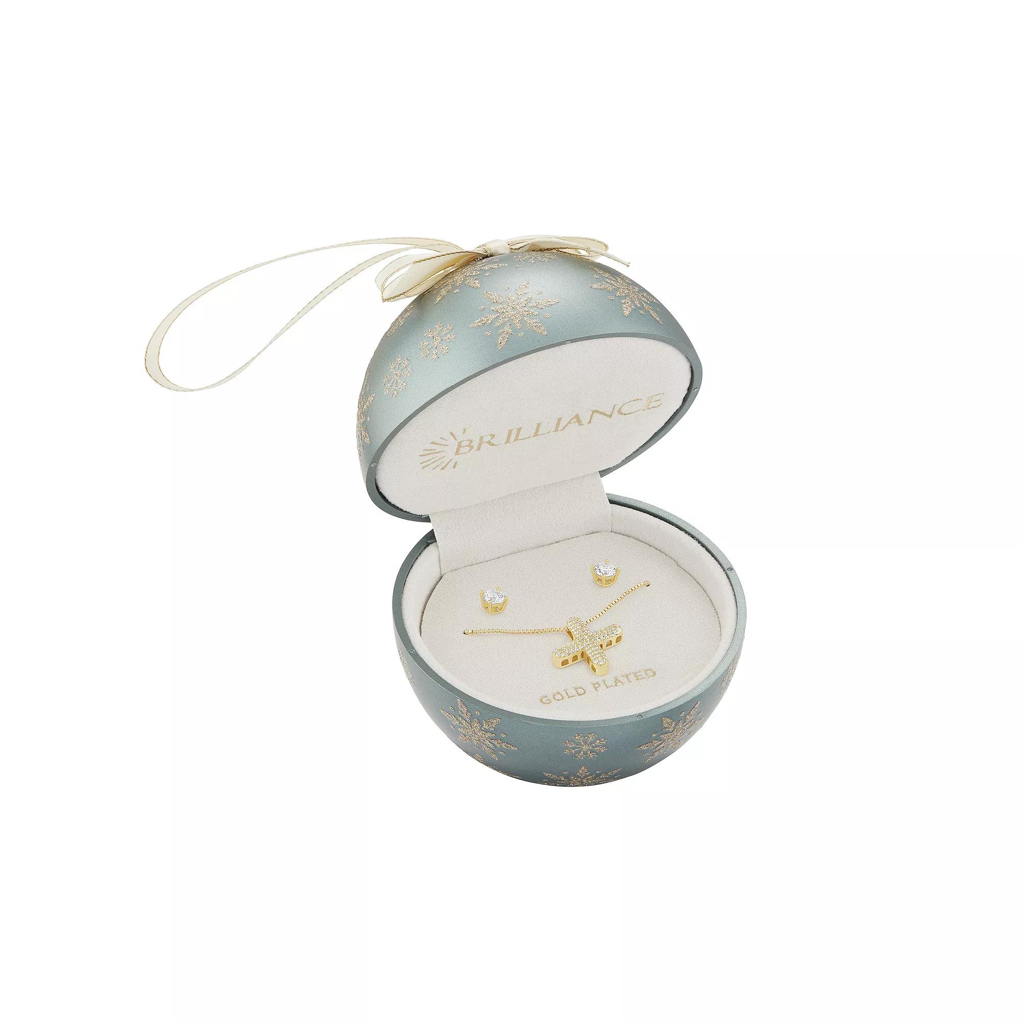 Brilliance Cubic Zirconia Stud Earrings & Bubble Initial Pendant Necklace Set, Womens Silver Tone X Product Image