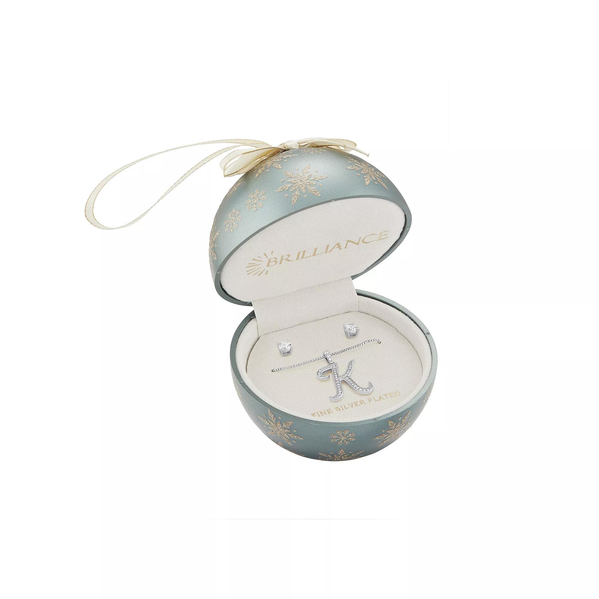 Brilliance Cubic Zirconia Stud Earrings & Script Initial Pendant Necklace Set, Women's, Size: 18", Silver Tone K Product Image