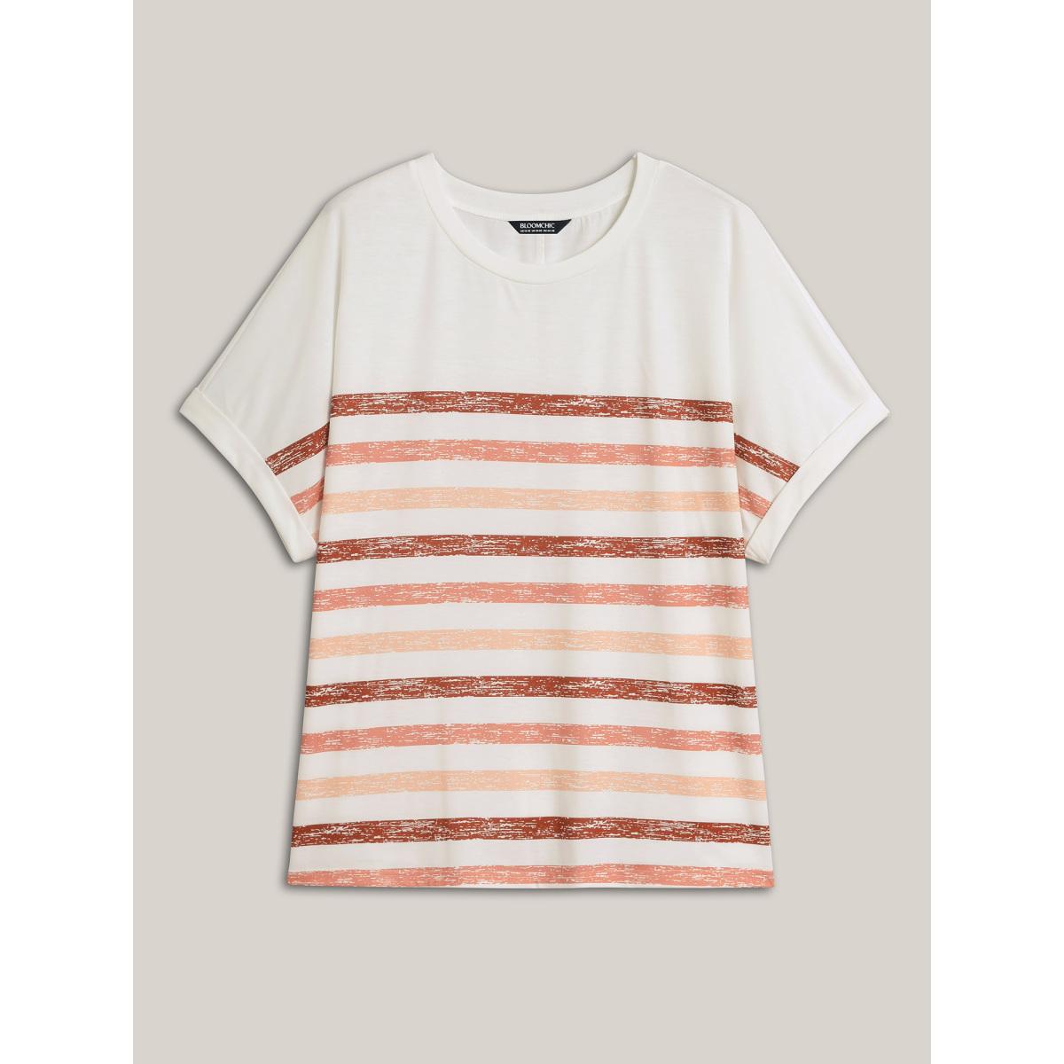 Plus Size Colorful Stripes Stretchy Crewneck T-Shirt WhiteSmoke Women Contrast Round Neck Everyday-Casual T-shirts BloomChic 10/M Product Image