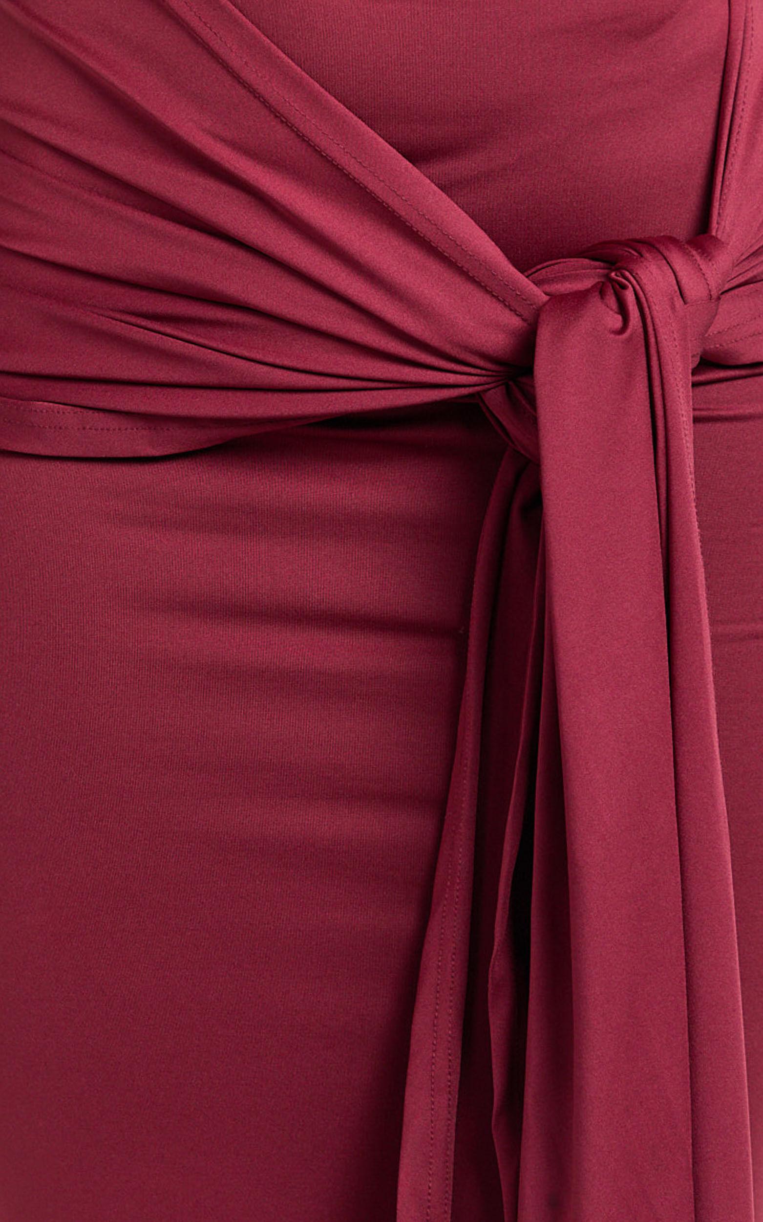 Judith Maxi Dress - Boat Neck Backless Tie Front Long Sleeve Jersey Dress in Wine Product Image