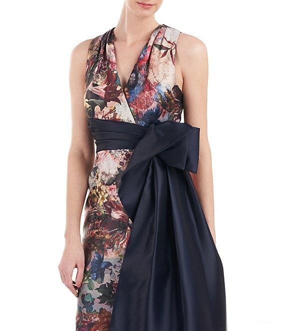 Kay Unger Floral Sleeveless Surplice V-Neck Asymmetrical Bow Empire Waist Tulip Dress Product Image