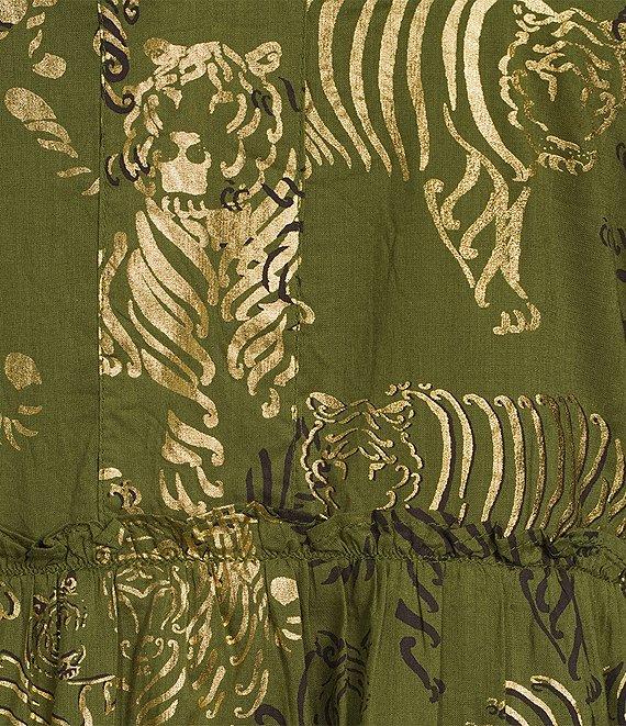 Jude Connally Shirley Tiger Safari Metallic Cotton Voile V-Neck Short Flutter Tiered Swing Dress Product Image