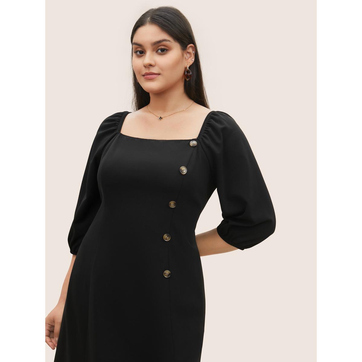 Plus Size Square Neck Button Detail Gathered Split Side Dress Black Women Workwear Essentials Non Square Neck Elbow-length sleeve Curvy Midi Dress BloomChic 18-20/2X Product Image