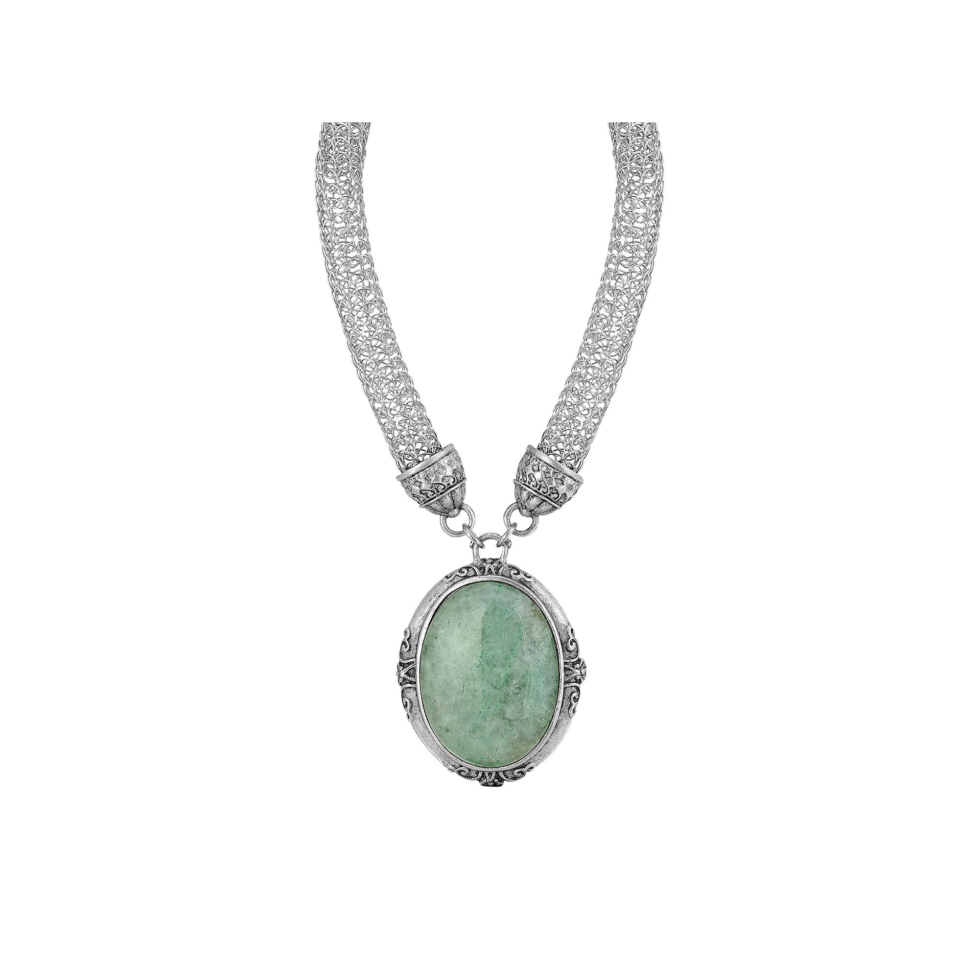 1928 Siver Tone Oval Green Pendant Necklace with Mesh Chain, Womens Product Image