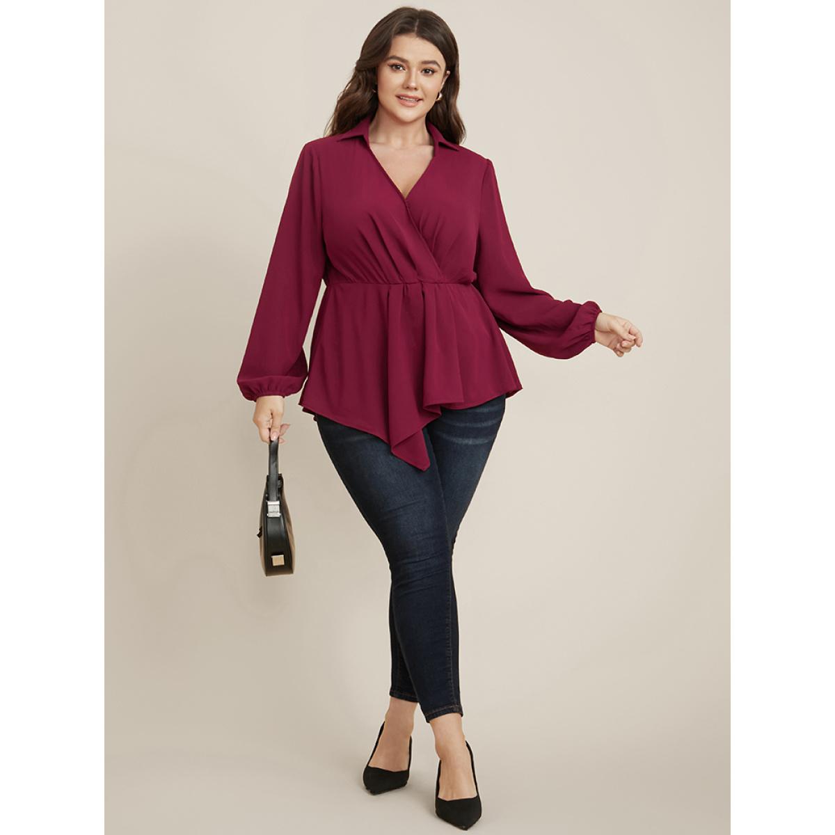 Plus Size Scarlet Solid Lantern Sleeve Surplice Neck Asymmetrical Hem Blouse Women Office Long Sleeve V-neck Office Blouses BloomChic 14-16/1X Product Image
