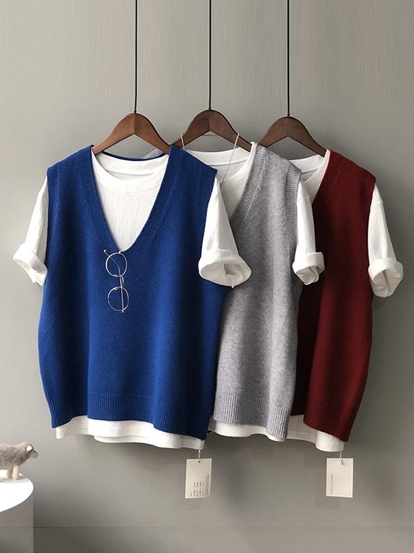 Simple 9 Colors V-Neck Loose Sleeveless Vest Product Image