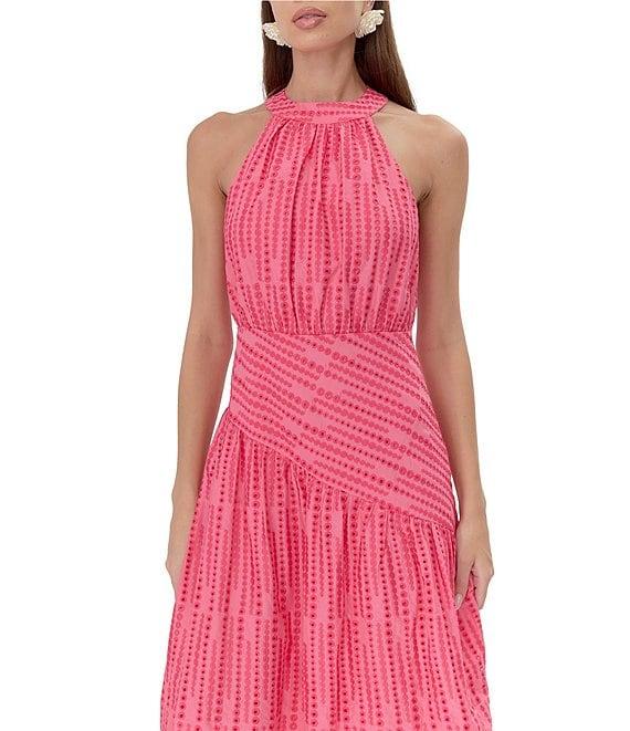 Adelyn Rae Embroidered Dotted Stripe Print Halter Neck Sleeveless A-Line Midi Dress Product Image