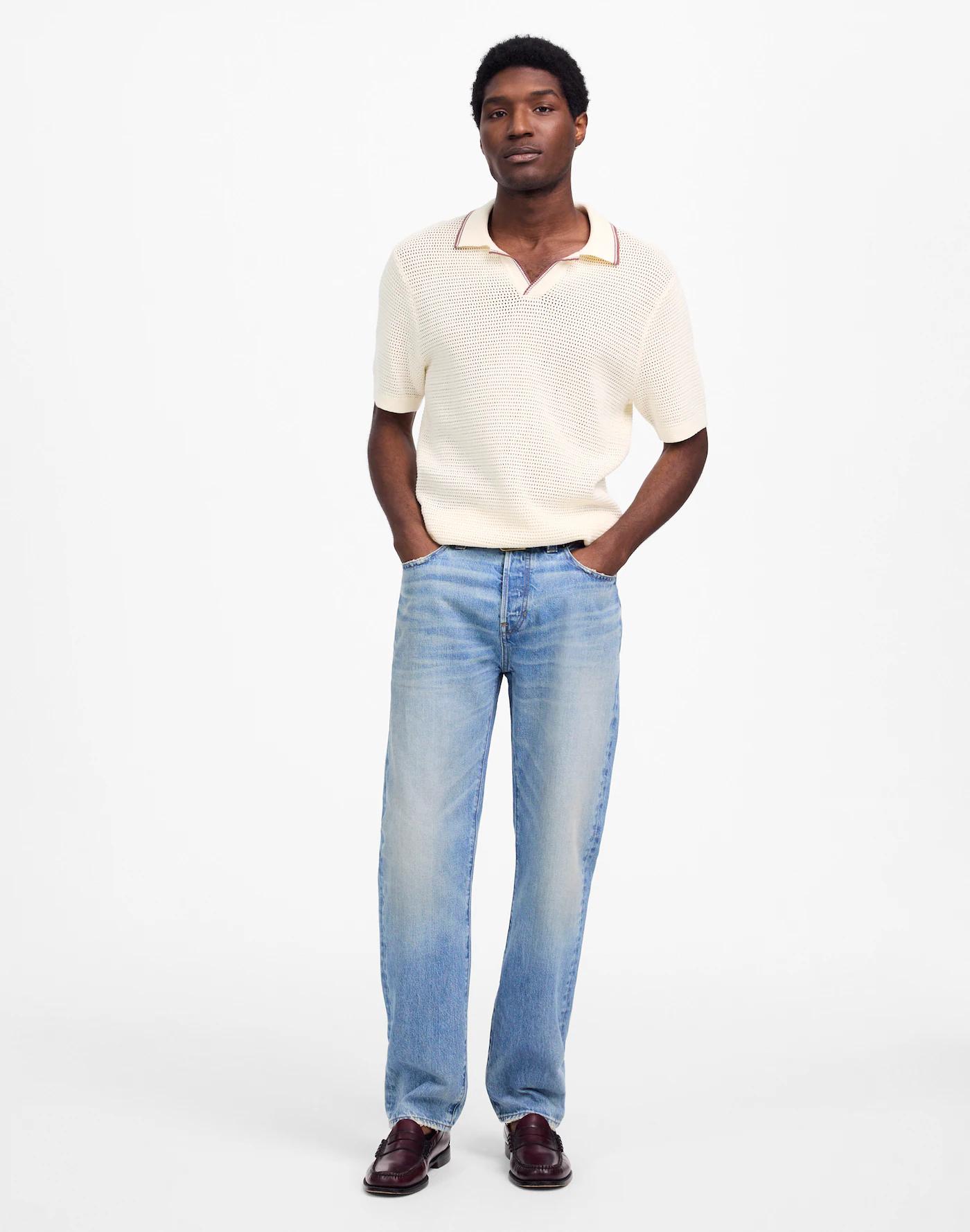 Contrast-Stitch Johnny-Collar Sweater Polo Product Image